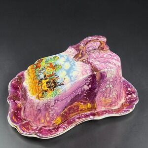 Grays Pottery‎ England Purple Luster Cheese Butter Dish Olden Days Coach Scene